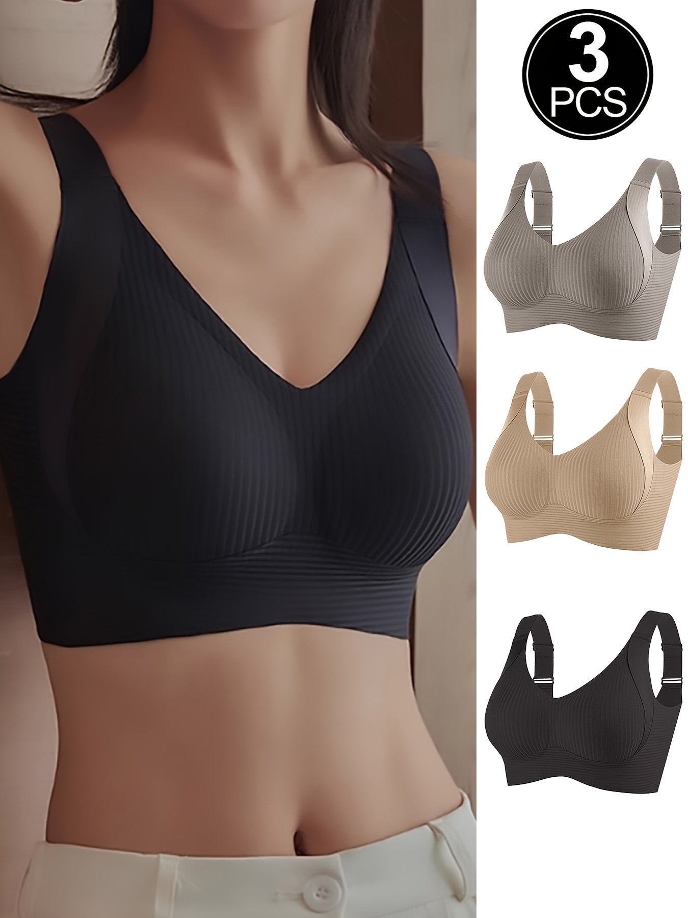 3pcs Women's Bras - No Underwire, Back Hook-and-Eye Closure, Soft Breathable Everyday Bras with High Support & Smooth Back - Non-Porous Fabric for Small to Petite Frames - Solid Color Beige/Black/Colors - Machine Washable, Comfortable Lingerie, Elegant