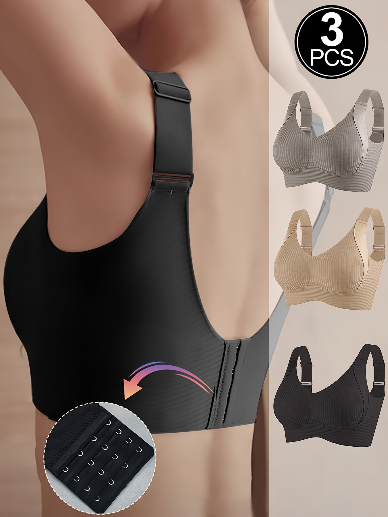 3pcs Women's Bras - No Underwire, Back Hook-and-Eye Closure, Soft Breathable Everyday Bras with High Support & Smooth Back - Non-Porous Fabric for Small to Petite Frames - Solid Color Beige/Black/Colors - Machine Washable, Comfortable Lingerie, Elegant