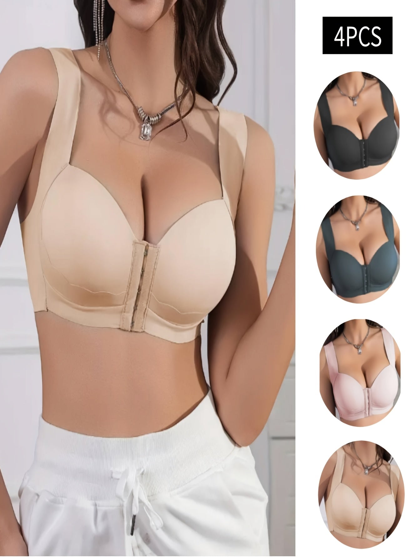 4pcs Women's Front-Button T-Shirt Bras with Shell Pattern Patchwork, Wide Comfort Straps & No Underwire - Non-Detachable Pads, Smooth Seamless Everyday Bras for All Seasons (Beige/Black/Nude/Pink)