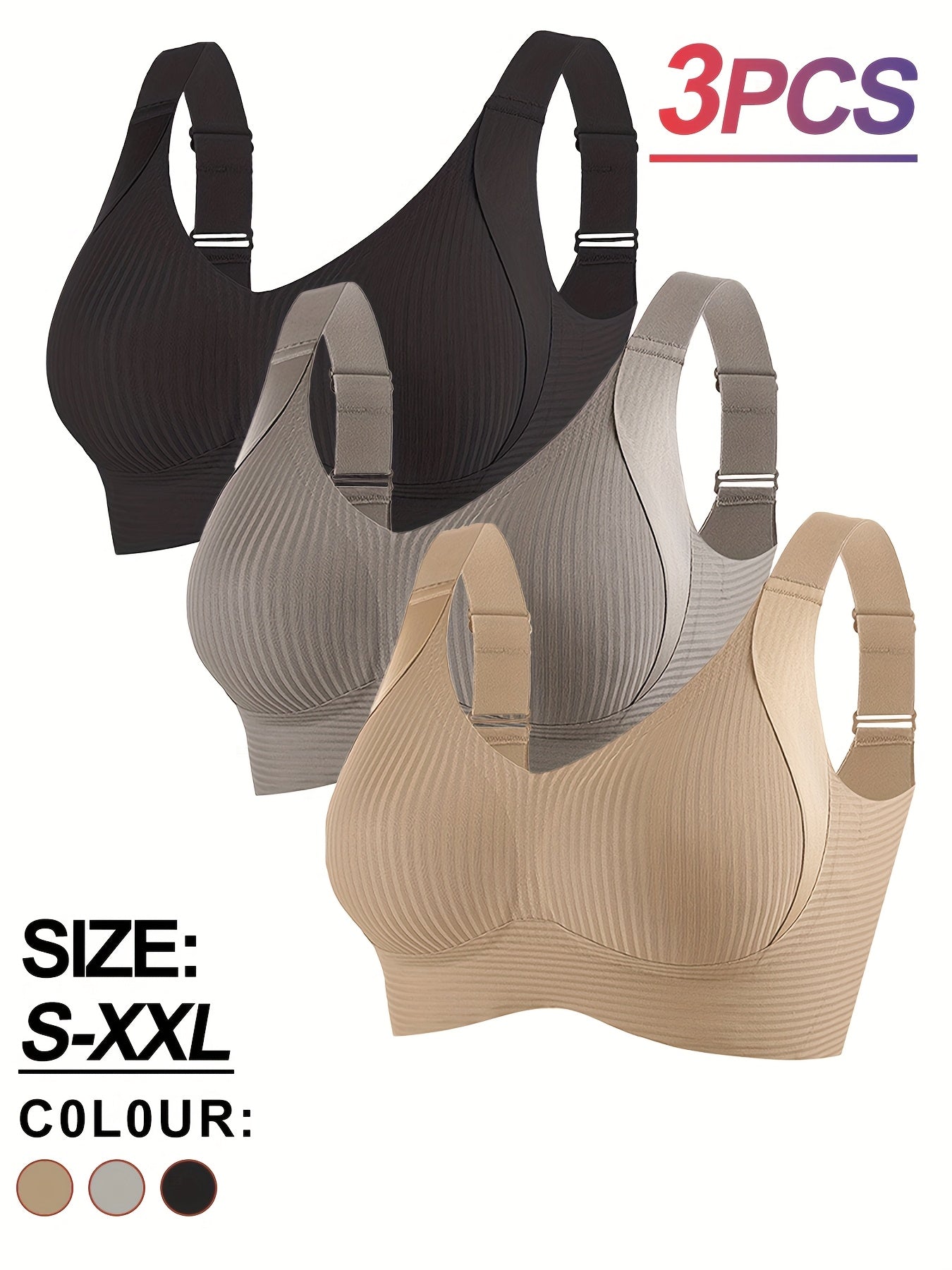 3pcs Women's Bras - No Underwire, Back Hook-and-Eye Closure, Soft Breathable Everyday Bras with High Support & Smooth Back - Non-Porous Fabric for Small to Petite Frames - Solid Color Beige/Black/Colors - Machine Washable, Comfortable Lingerie, Elegant