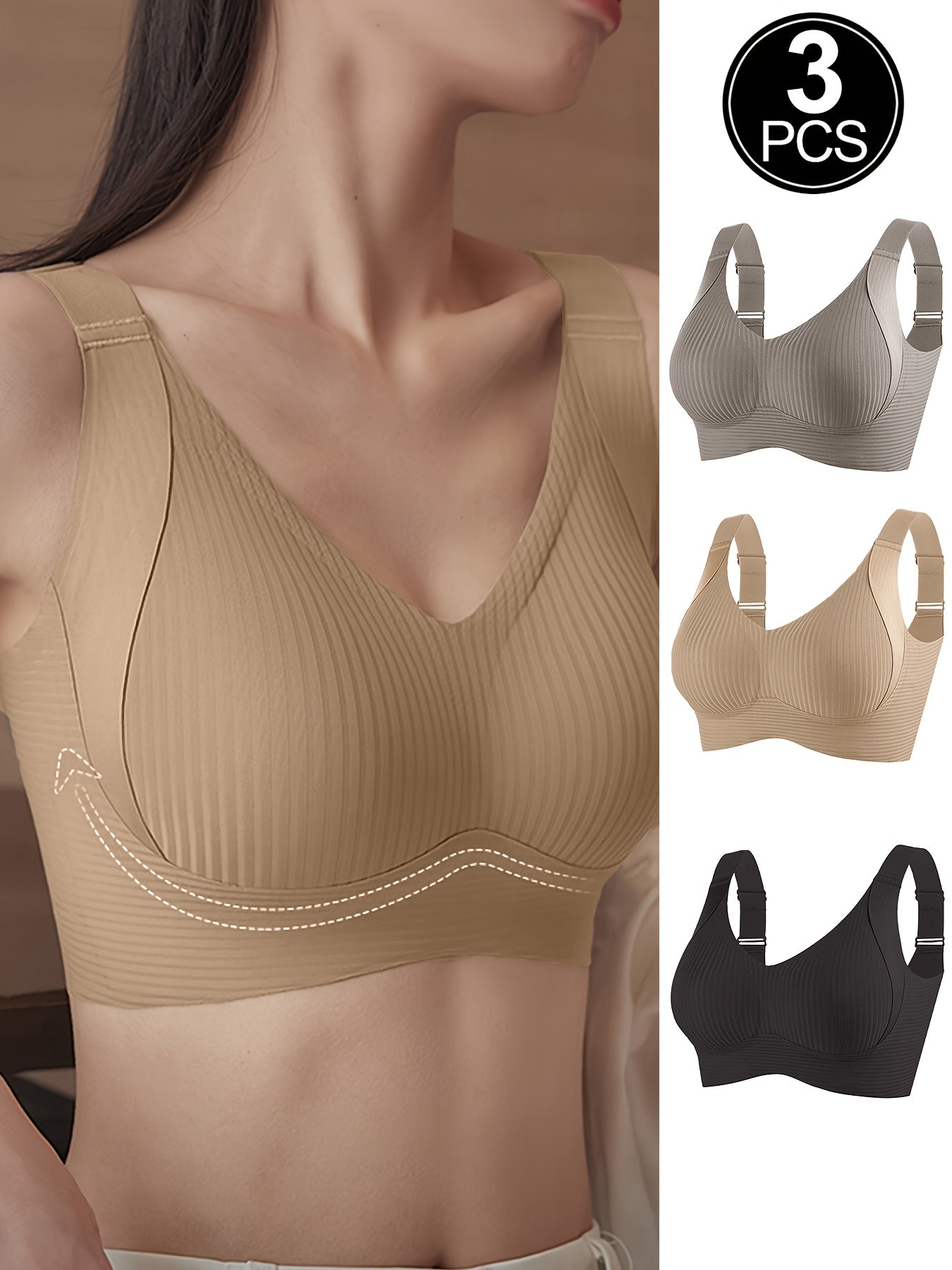 3pcs Women's Bras - No Underwire, Back Hook-and-Eye Closure, Soft Breathable Everyday Bras with High Support & Smooth Back - Non-Porous Fabric for Small to Petite Frames - Solid Color Beige/Black/Colors - Machine Washable, Comfortable Lingerie, Elegant