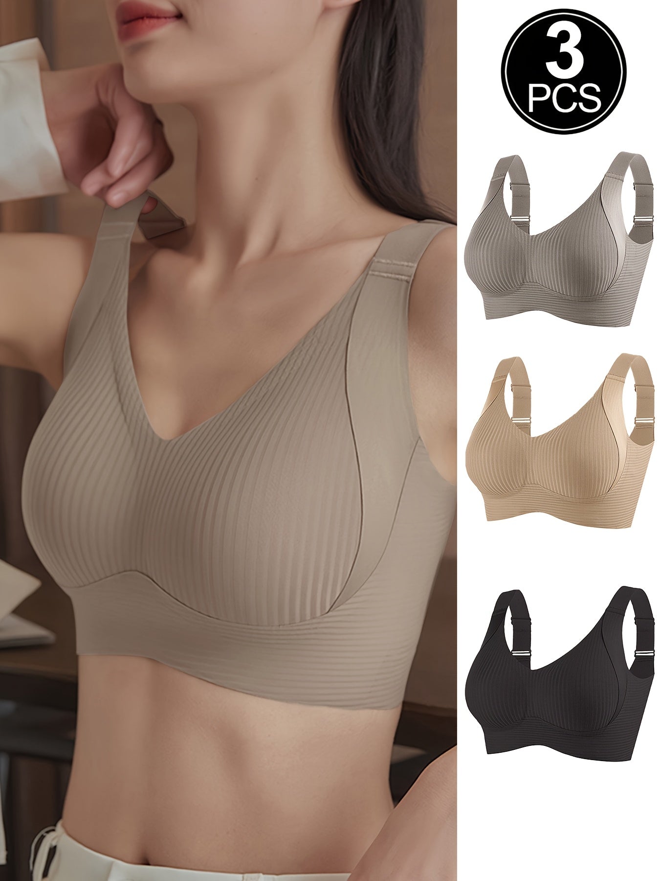 3pcs Women's Bras - No Underwire, Back Hook-and-Eye Closure, Soft Breathable Everyday Bras with High Support & Smooth Back - Non-Porous Fabric for Small to Petite Frames - Solid Color Beige/Black/Colors - Machine Washable, Comfortable Lingerie, Elegant