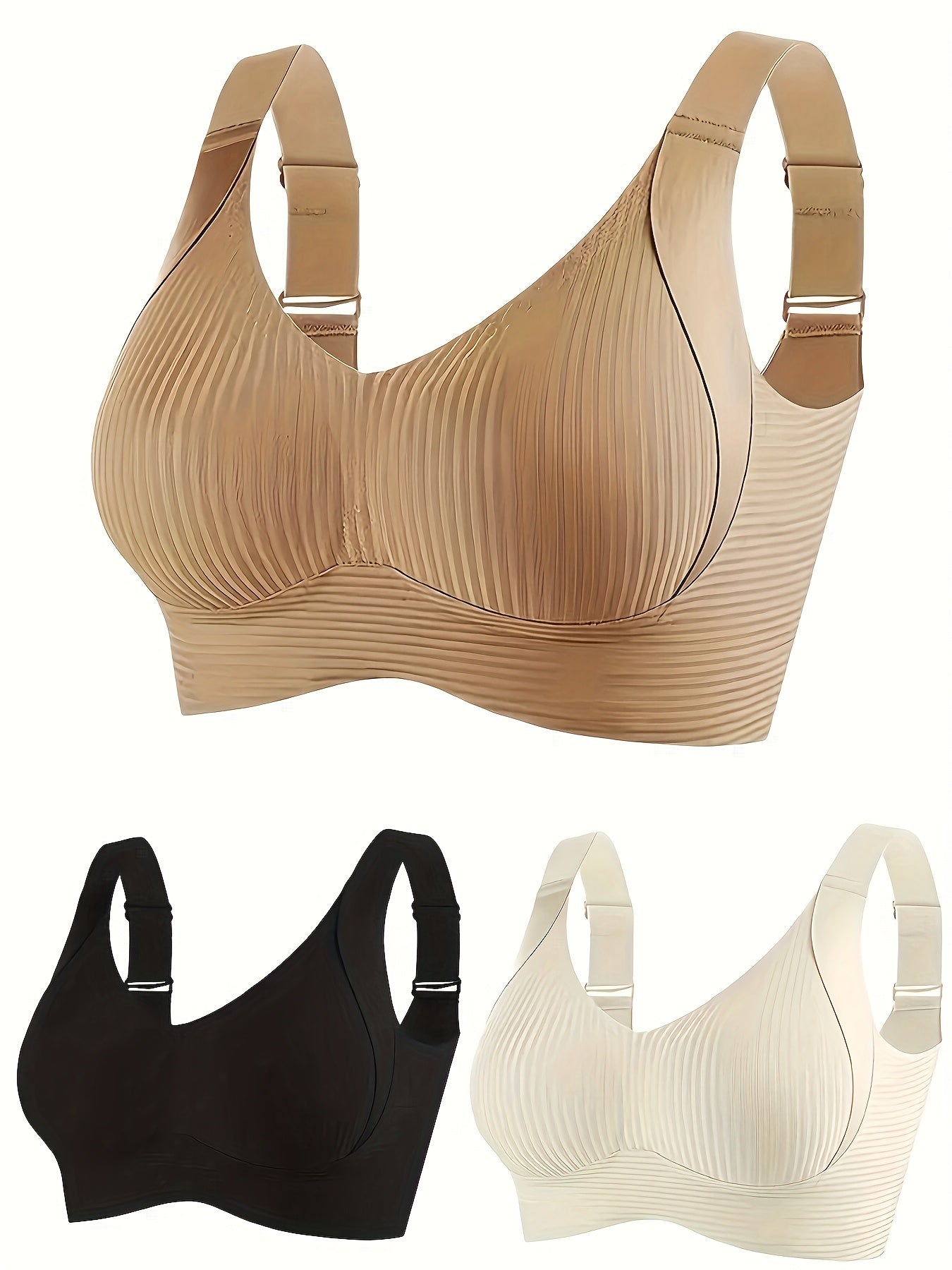 3pcs Women'S Seamless Sports Bras - Breathable & Comfortable V-Neck Lifters in Black, White, Beige - Wire-Free, Comfort Fit for Casual Attir
