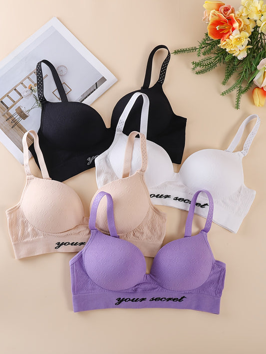 4pcs Seamless Push-Up Wireless Bras for Women - Comfortable, Breathable, Light Beige-Friendly Fabric, Elegant Low-Cut Design in Black, White, Gray, Beige with "YOU'RE SWEET" Lettering
