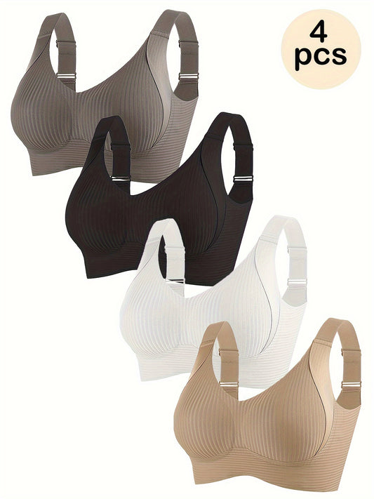 4pcs Set, Esselegance, Hook and Eye Closure, Adjustable, Gathered, Seamless, No Steel Ring, Comfortable, Bra