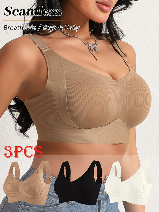 3pcs Women's Bras - Wire-Free Seamless T-Shirt Bras with Back Closure, Lift & Support - Non-Porous Everyday & Special Occasion Bras in Beige/Black/White - Smooth Everyday Bras for All-Day Comfort, Bra Extender, Comfortable Undergarment, Backless Dress