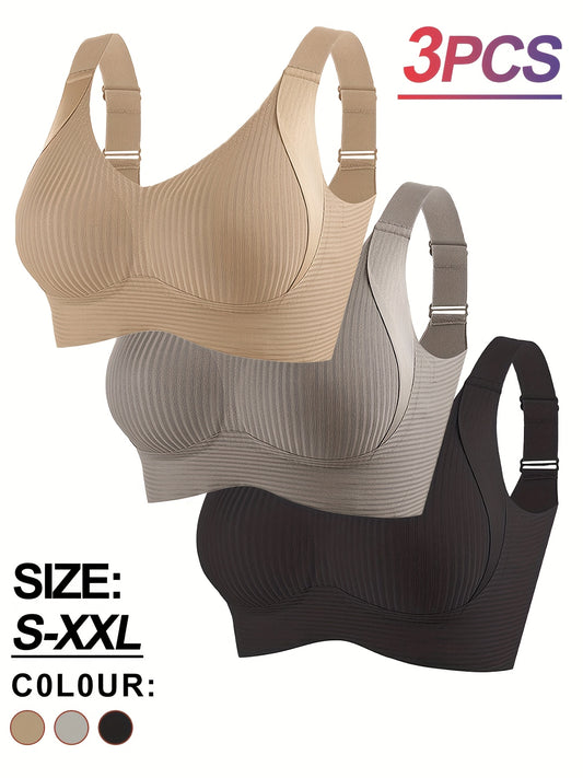 3pcs Women's Bras - No Underwire, Back Hook-and-Eye Closure, Soft Breathable Everyday Bras with High Support & Smooth Back - Non-Porous Fabric for Small to Petite Frames - Solid Color Beige/Black/Colors - Machine Washable, Comfortable Lingerie, Elegant