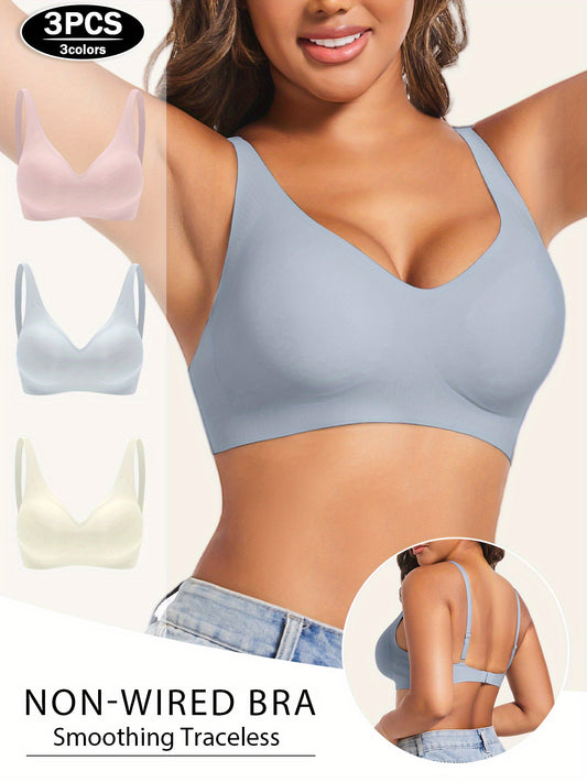 3pcs Women's Solid Color Elegant Bra with Push-Up, Anti-Sagging, Breathable, Seamless, Wire-Free, Removable Pads, High Comfort Underwear for Versatile Daily Wear