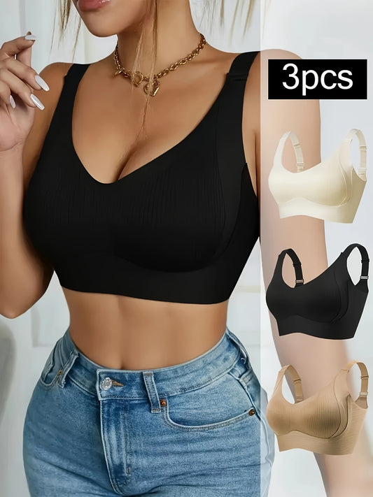 3pcs Women'S Seamless Sports Bras - Breathable & Comfortable V-Neck Lifters in Black, White, Beige - Wire-Free, Comfort Fit for Casual Attir
